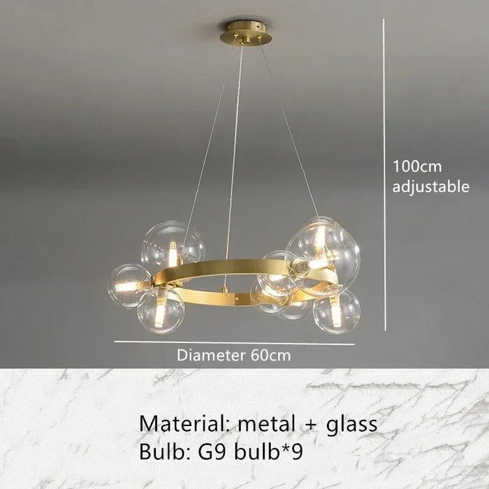 suspension lumineuse moderne or blanc boules translucides anneau métallique intérieur chambre salon