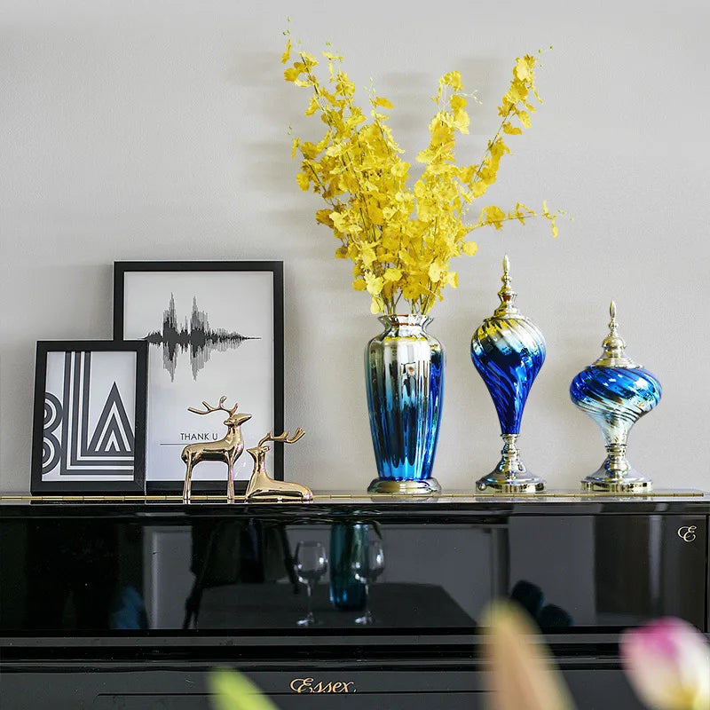 vases decoratifs verre depolied bleu argent fleurs bouquet decoration intérieure tableaux meubles chambre salon