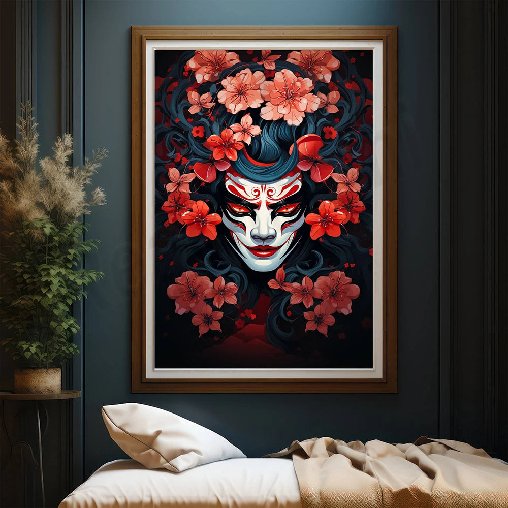 Une affiche colorée représentant un visage masqué parmi une abondance de fleurs rouges et de motifs élégants.