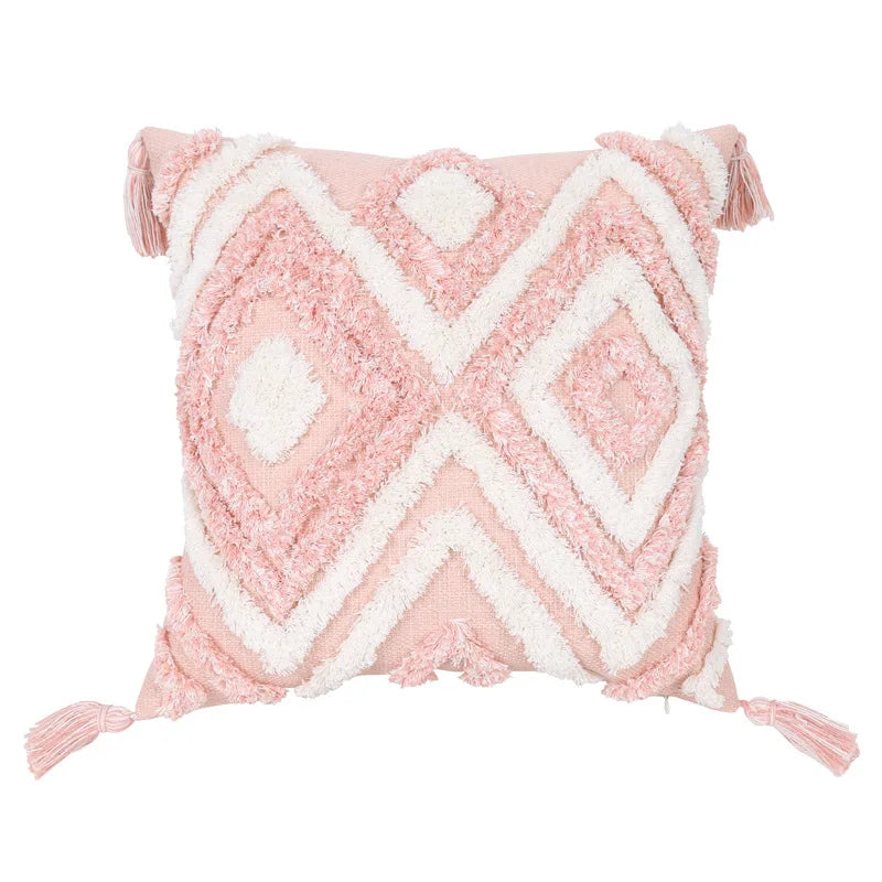coussins boho chic rose clair blanc motif géométrique pompons opaques adhésifs