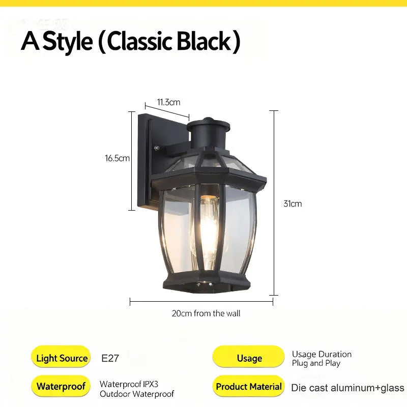 lampe murale extérieure hydrofuge bronze noir verre transparent classique fixations lumière led