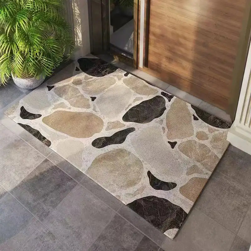 tapis sol moderne gris beige marron noir motif galets résistant intérieur extérieur porte