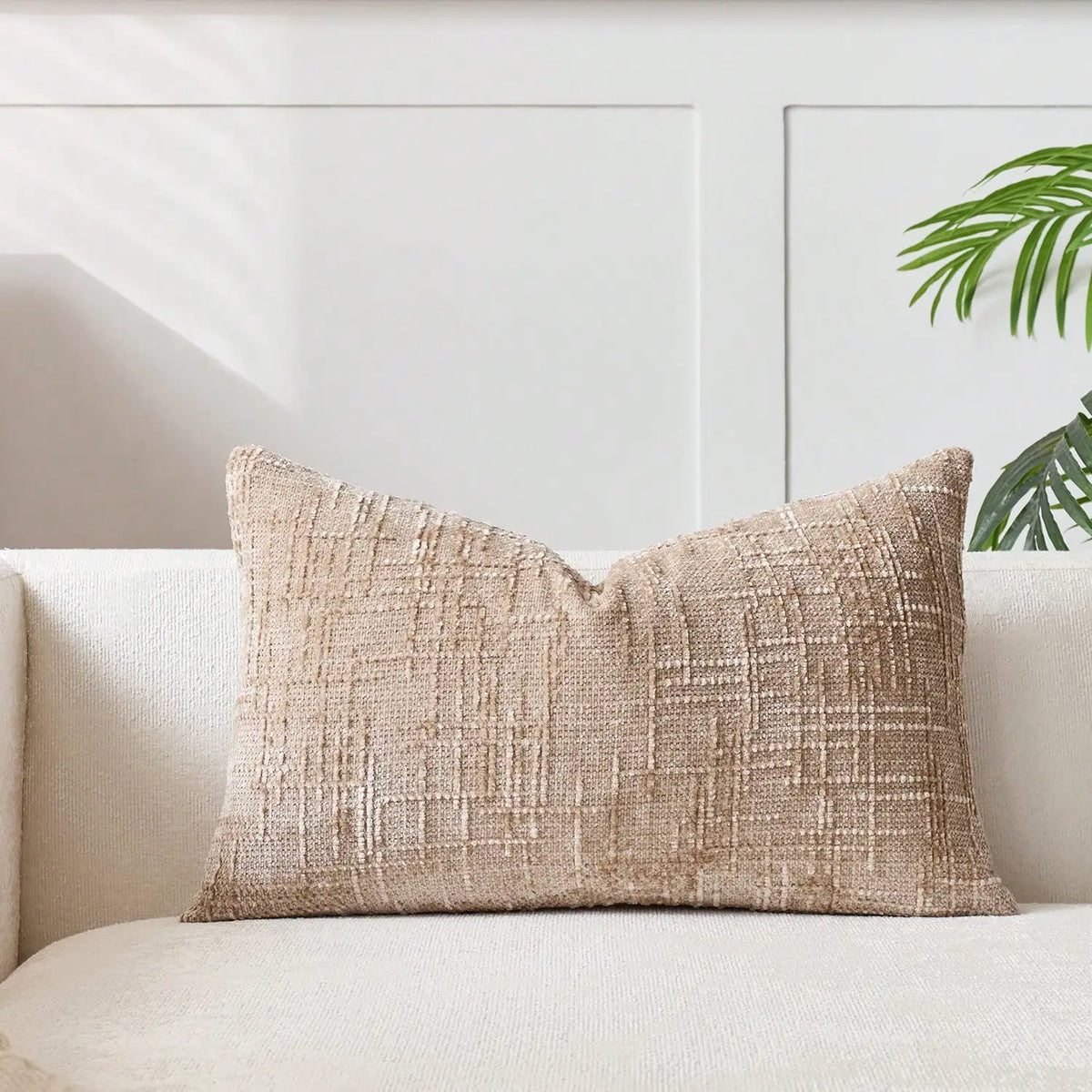 coussin chenille motif géométrique beige moderne 30x50cm machine lavable fixations oreilles
