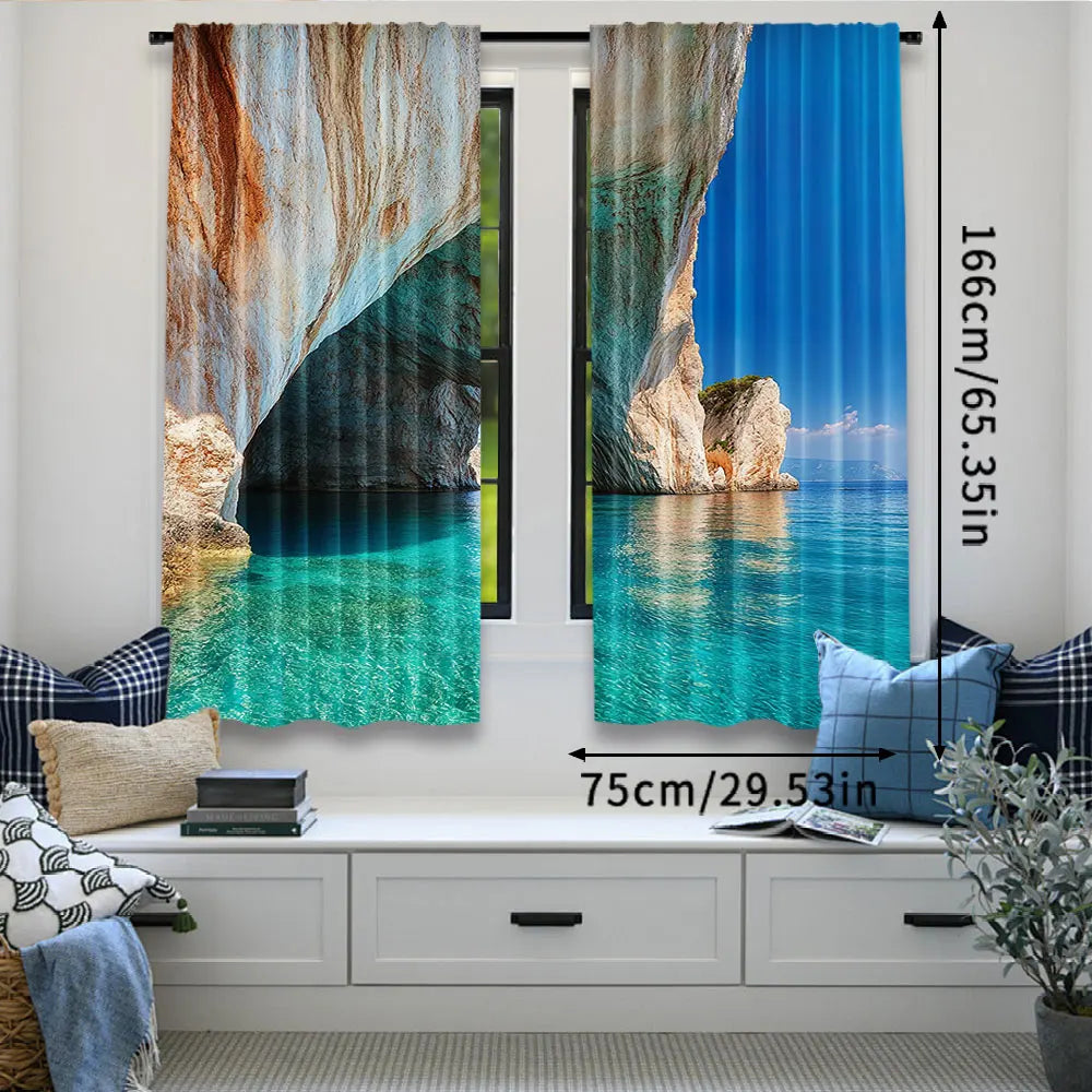 rideau bleu paysage marin moderne semi opaque polyester 75x166cm 105x230cm 130x210cm
