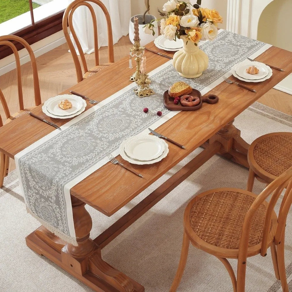 nappe table beige geometrique franges tissage rustique boheme abstrait 180cm 35cm