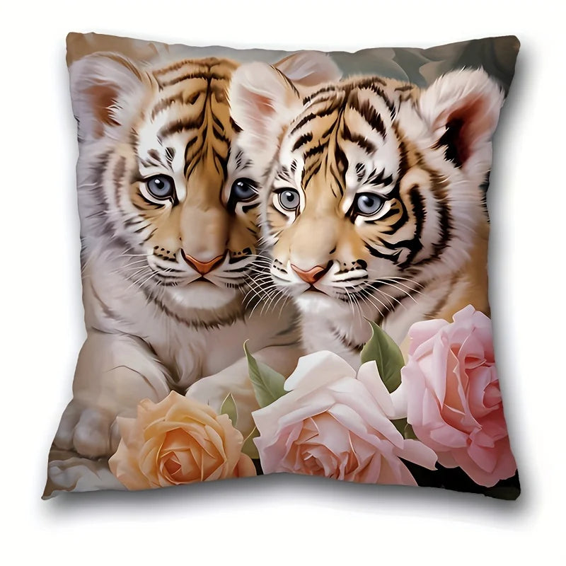 taies d'oreiller animaux imprimées tigres chats chiens orange noir blanc vert polyester peachskin 45x45cm