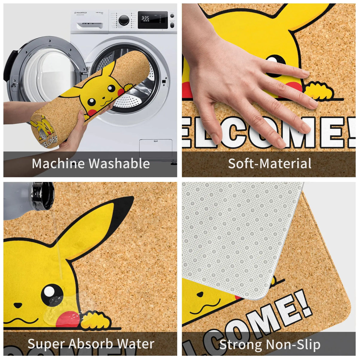 tapis d'entrée pikachu welcome flanelle jaune noir blanc moderne cartoon adhésif