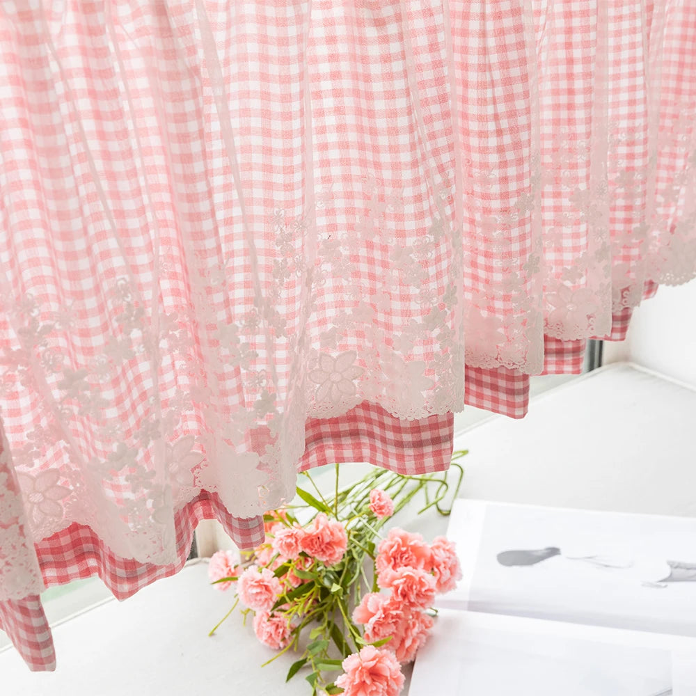 rideau valance gingham dentelle bleu blanc rose blanc noir blanc gris blanc rustique vintage