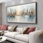 tableau contemporain abstrait arbres dorés ville bleu gris sans cadre