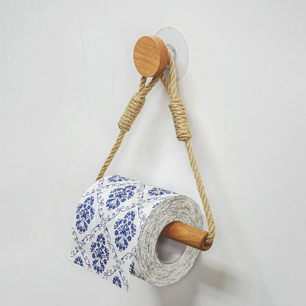 porte serviettes bois naturel tissu bleu blanc adhésif corde rustique boho chic salle bains