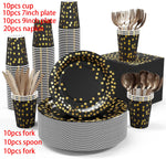 assiettes noires points dorés cuillères fourchettes couteaux gobelets serviettes tablecloth festif jetables moderne