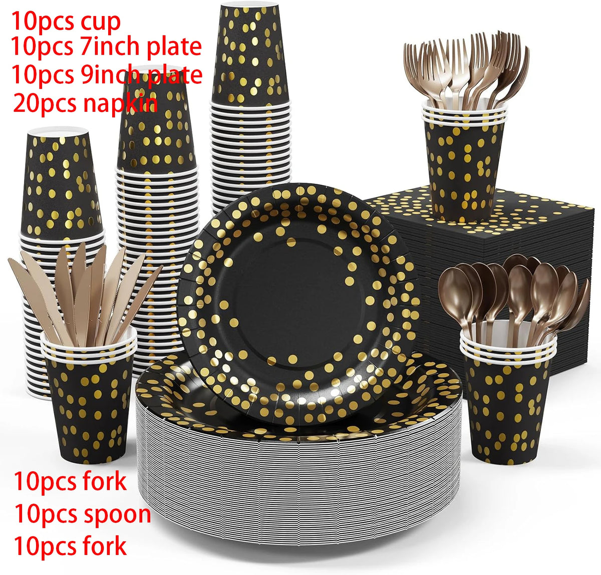 assiettes noires points dorés cuillères fourchettes couteaux gobelets serviettes tablecloth festif jetables moderne