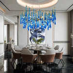 lustre contemporain élégant gouttes cristal bleu doré opalescent led salon chambre