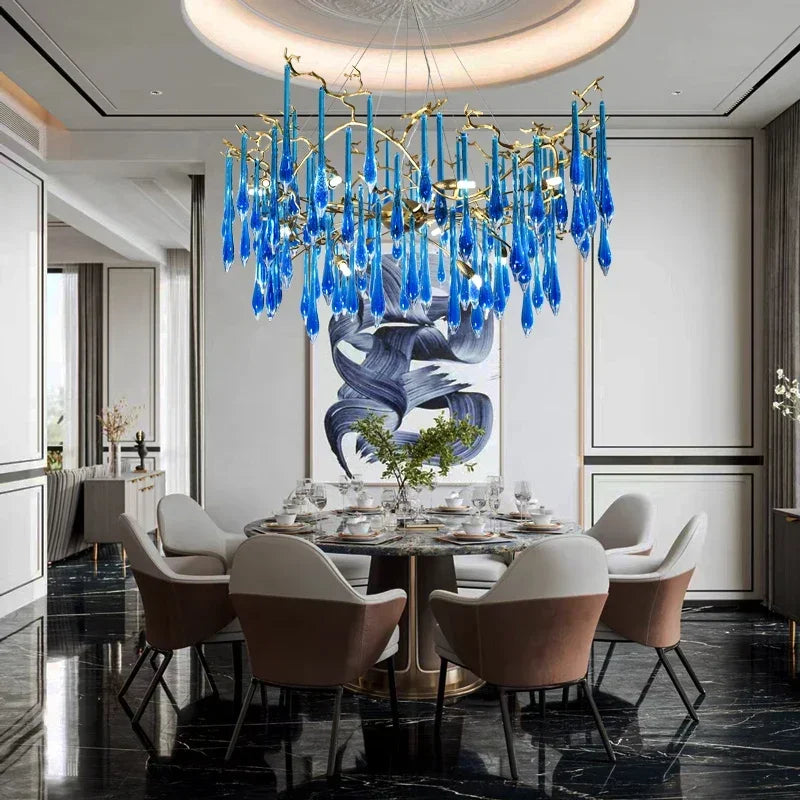 lustre contemporain élégant gouttes cristal bleu doré opalescent led salon chambre