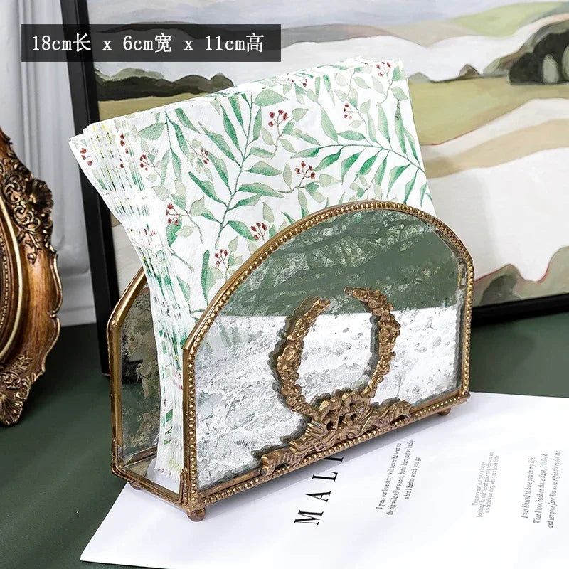 rangement serviettes vintage métal verre motifs végétaux effet patiné or blanc