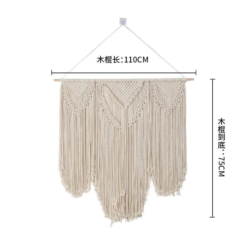 tapisserie macramé bohème franges géométriques beige clair mur décoration artisanal coton lavage main