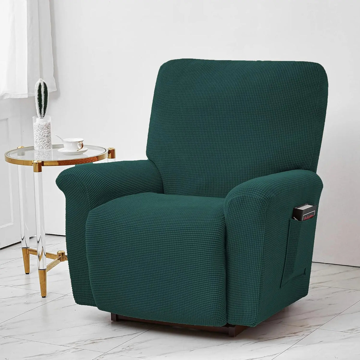 Housse fauteuil inclinable bleu noir gris jacinquée extensible moderne poche adhésif lavage machine