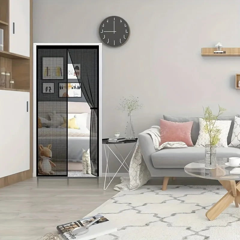 rideau moustiquaire magnétique porte fenêtre maille noire anti insectes fermeture automatique autocollant intérieur maison