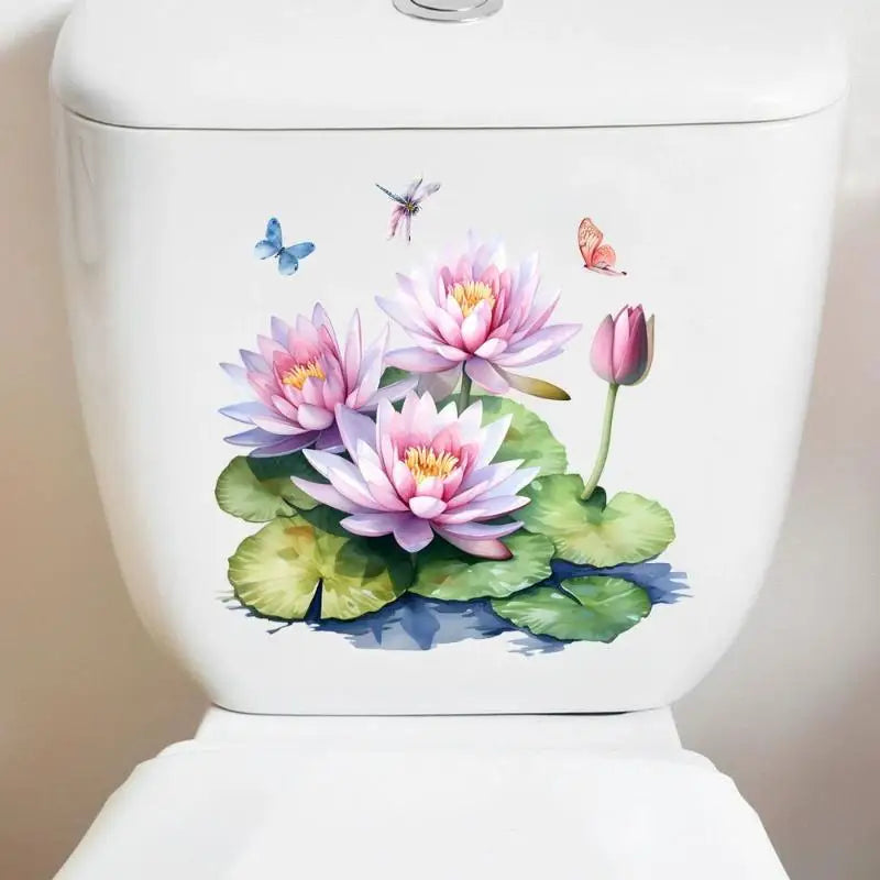 stickers decoratifs toilettes violet rose vert jaune fleurs lotus papillons peinture aquarelle salle bain