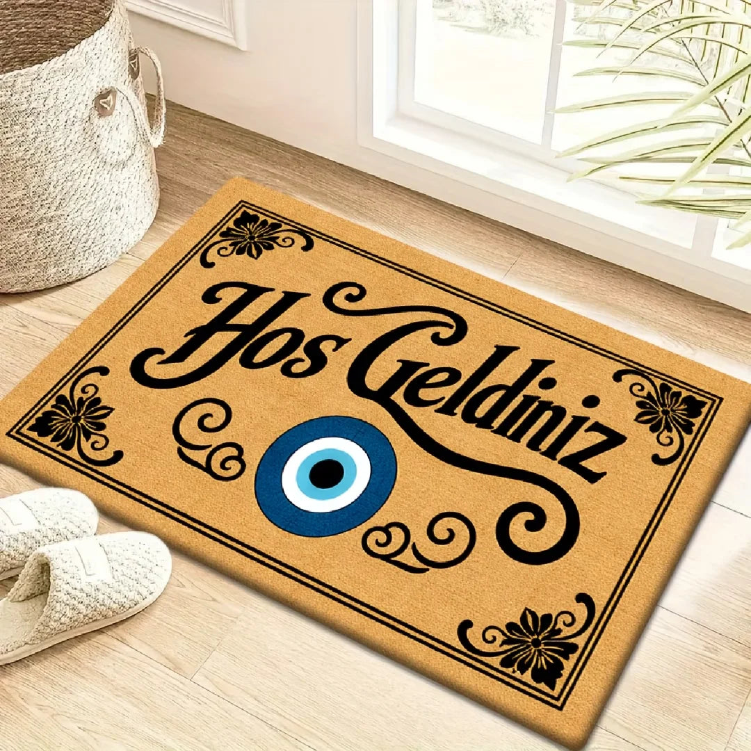 tapis d'entrée moderne lettres grecques œil bleu motifs floraux antidérapant polyester