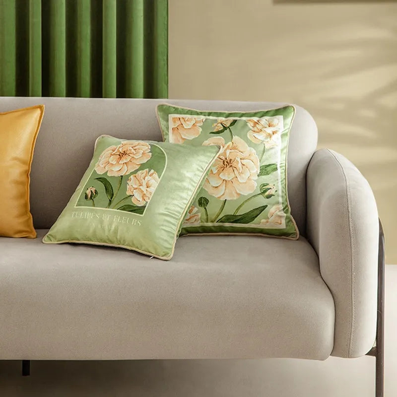 coussin carré velours fleuri vert clair vintage 45x45cm 55x55cm décoration maison lit sofa farmhouse