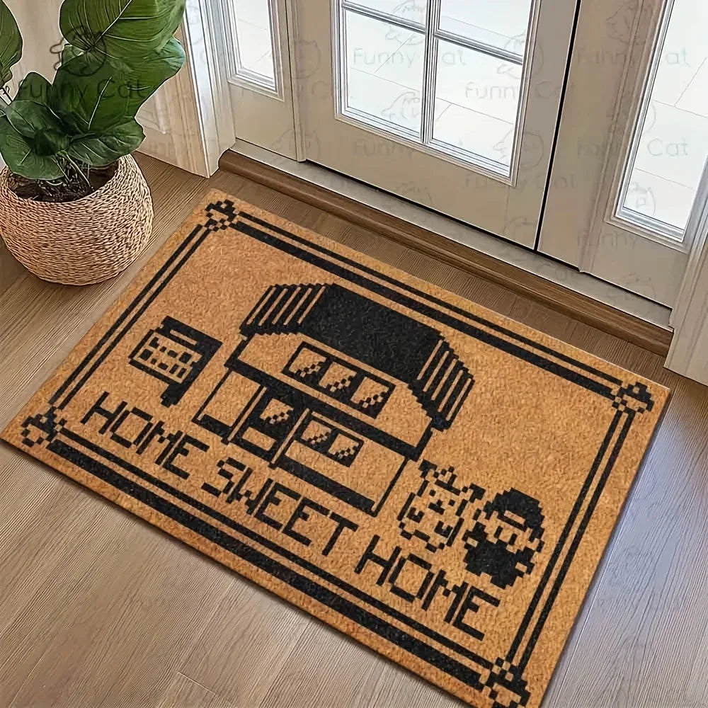 tapis d'entrée marron clair motif maison SWEET moderne pixel art résistant saleté