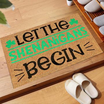 tapis d'entrée marron clair vert antidérapant humoristique trèfle lettrage shenanigans(begin)