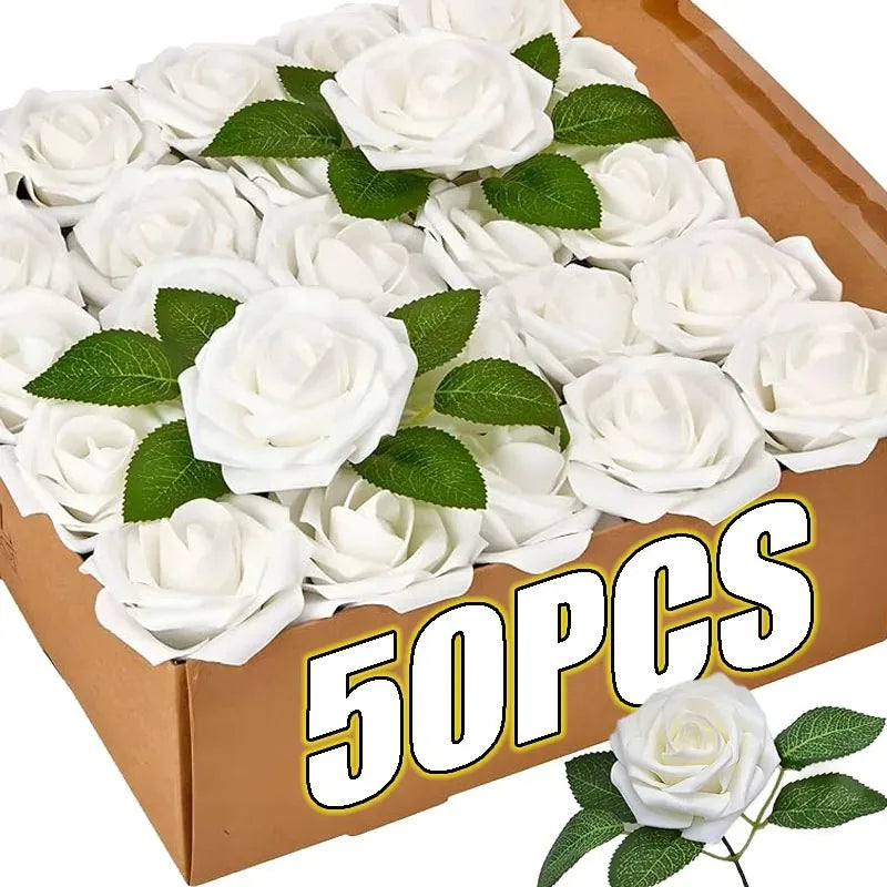 roses artificielles mousse tiges feuilles vertes bouquet mariage décoration fête