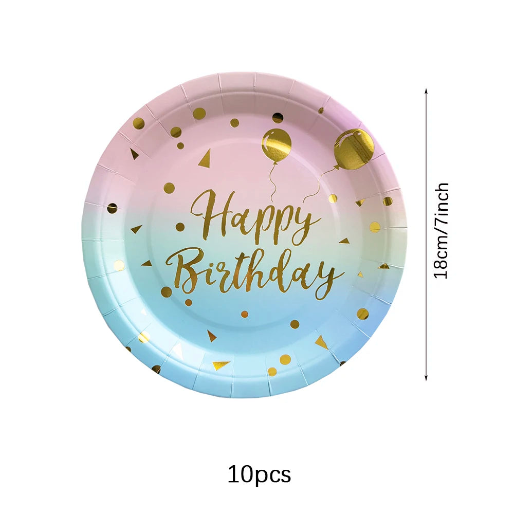vaisselle jetable anniversaire arc ciel assiettes dorées points confettis serviettes verres festifs