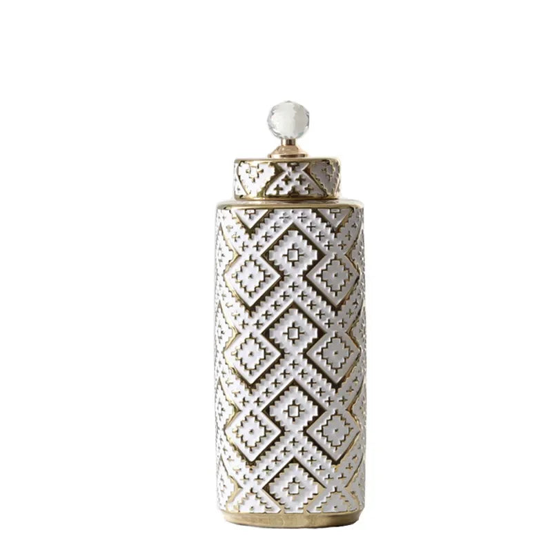 vases décoratifs modernes motifs géométriques or blanc couvercle transparent élégants intérieurDecoration