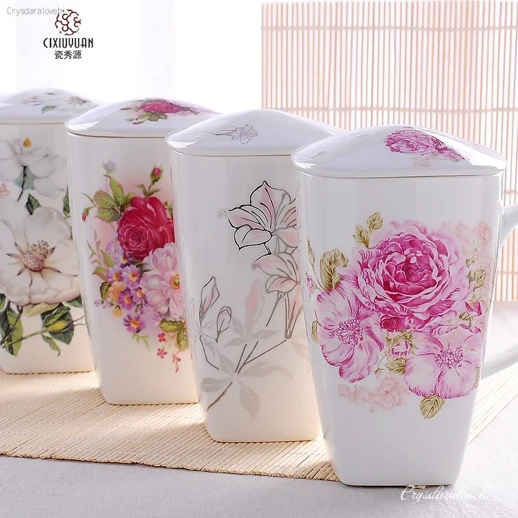 tasses thé céramique fleurs classiques poignées couvercle blanc rose vert