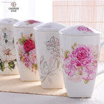 tasses thé céramique fleurs classiques poignées couvercle blanc rose vert