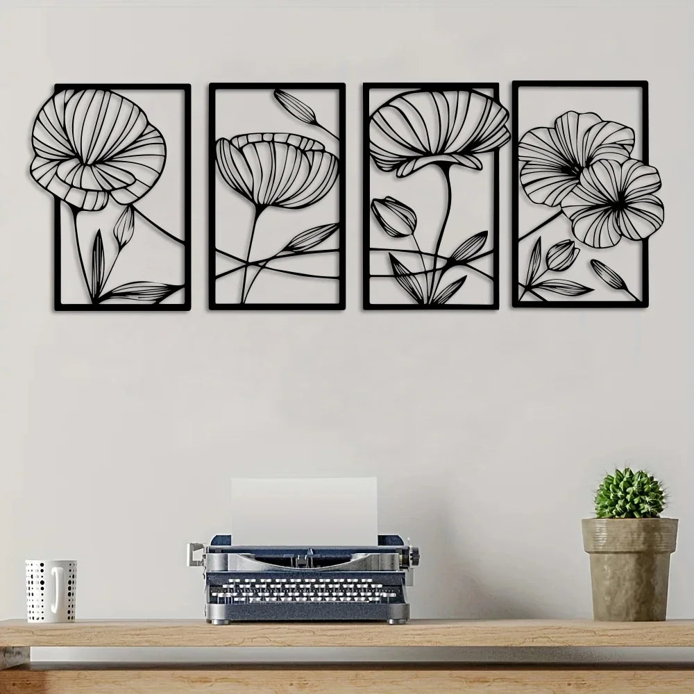 décoration murale tableau noir blanc fleurs stylisées moderne adhésif métal suspendu minimaliste chambre salon