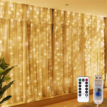 rideau lumineux led blanc moderne 300 leds 3x3m télécommande câble usb