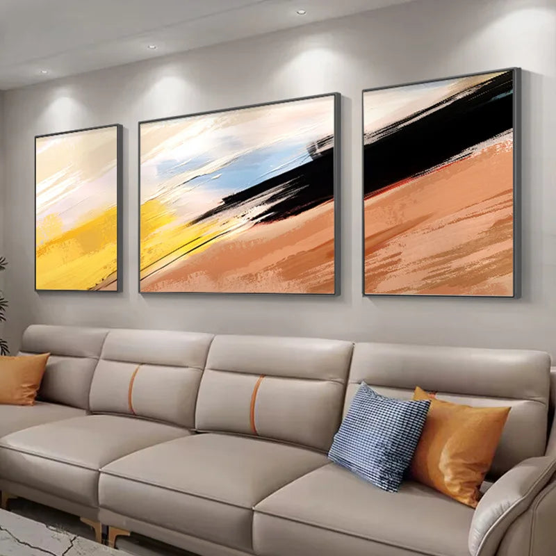 tableau abstrait peinture l'huile contemporain minimaliste jaune blanc bleu noir orange lignes horizontales triptyque