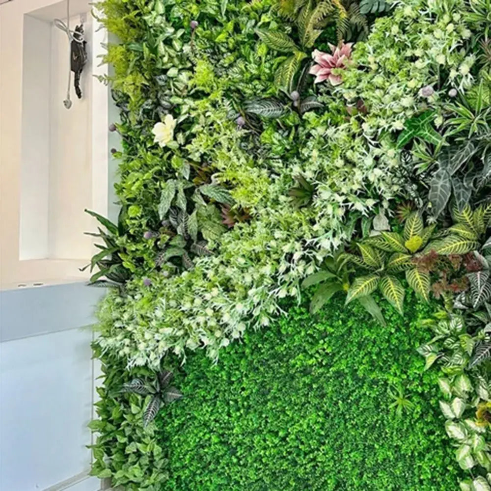 panneau mural végétal artificiel feuilles fleurs moderne extérieur branches vertes rouges blancs naturel