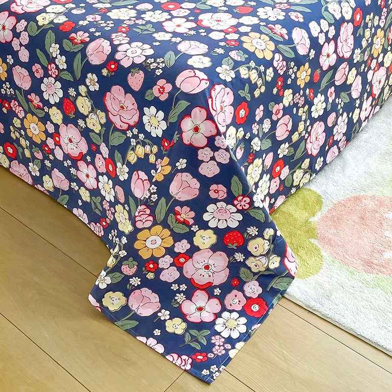 drap lit plat fleurs colorées bleu marine coton polyester moderne lit double grande taille