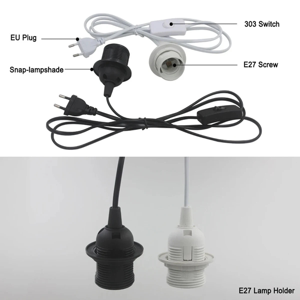 Kit suspension moderne lampe E27 noir blanc interrupteur câble 1,8m plug eu us