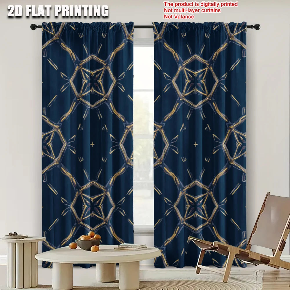rideau moderne bleu marine motif géométrique doré opacité pièces polyester elégant