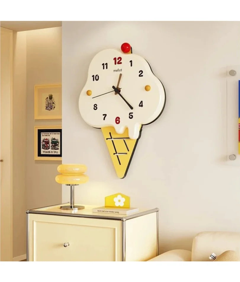 horloge murale moderne créative blanc jaune rouge noir glace crème chiffres pointeurs