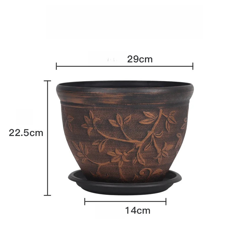pots fleurs noirs classiques gravures feuilles fleurs plateau drainage visible