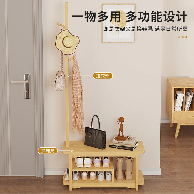 meuble multifonctionnel moderne étagère supérieure étagère inférieure support chaussures support vêtements bois naturelclair textureboisnaturelle