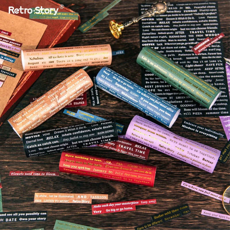 autocollants citations textes imprimés brillants rétro lettres manuscrites noir or bleu vert rose violet