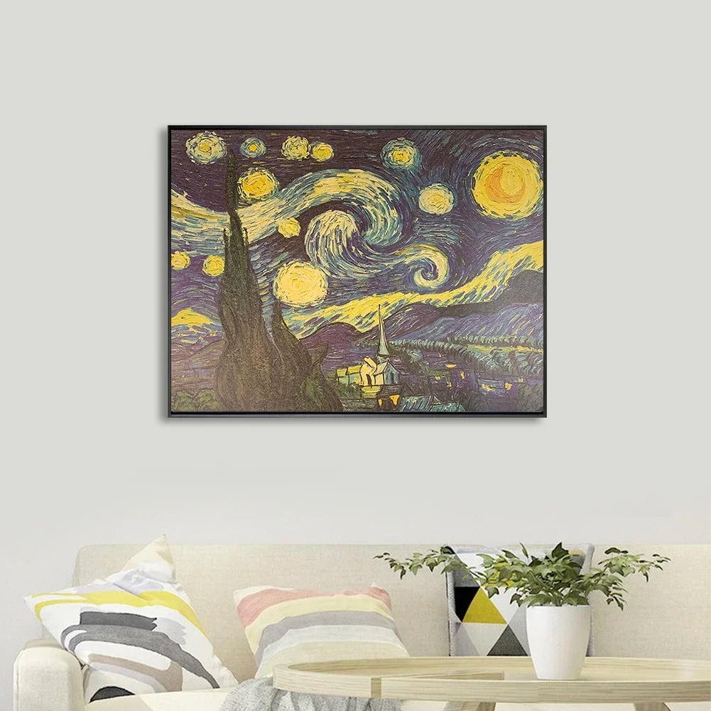 tableau abstrait nuit étoilée contemporain van gogh impression mural papier cadre noir blanc