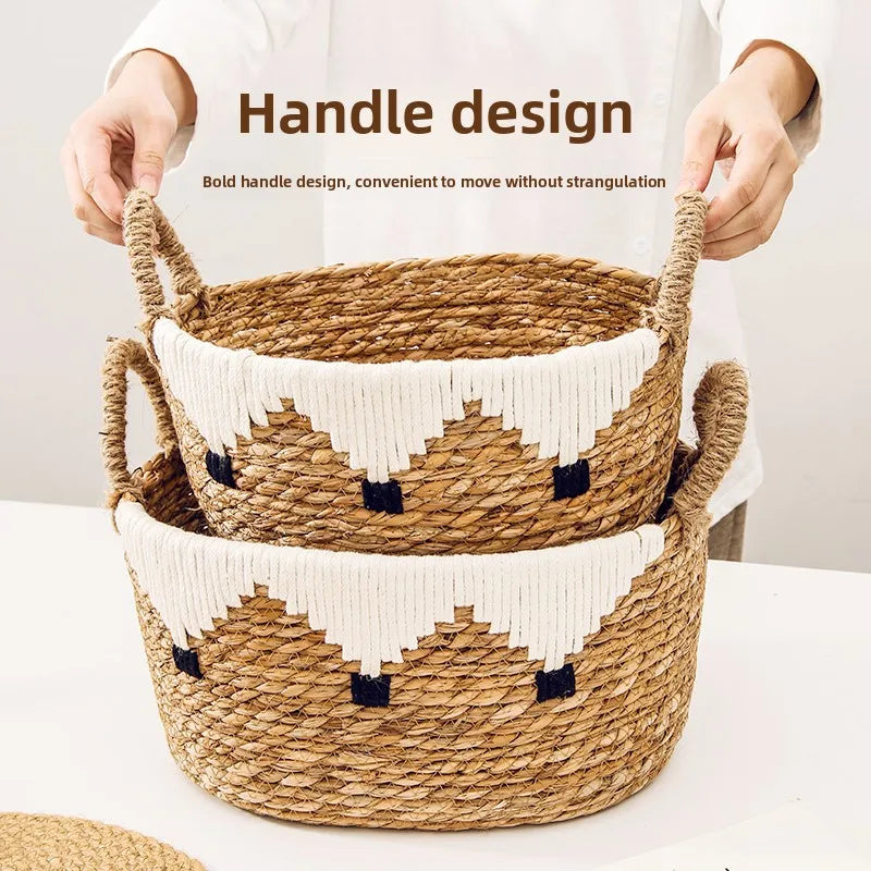 panier tissé rotin naturel blanc noir franges motifs ethniques boho respectueux environnement
