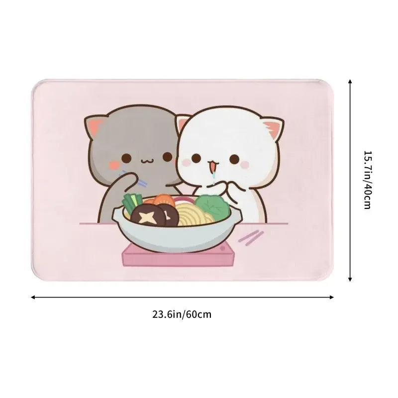 tapis sol moderne motif chat mignon mangeant nouilles rose gris blanc intérieur extérieur