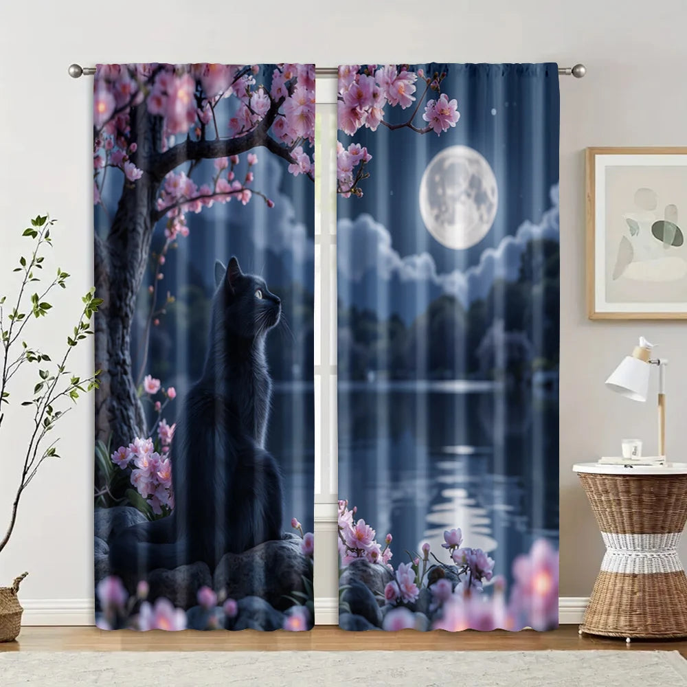 rideau fleurs cerisier chat noir moderne bleu nuit rose clair polyester opacité 75x166cm 105x230cm