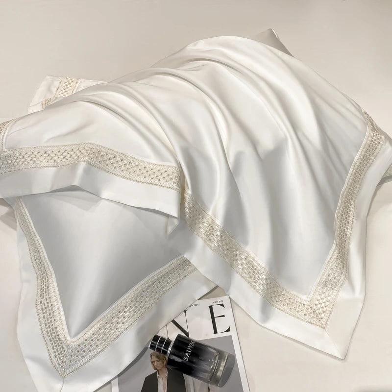 drap lit blanc bordure brodée ultra doux housses taies oreillers classique 18m 20m machine