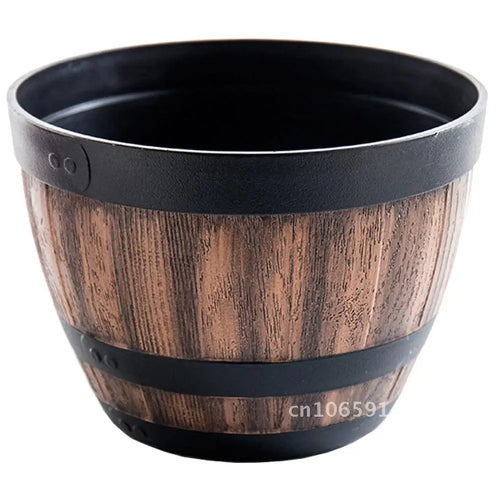 pots fleurs imitation bois rustique baril jardin decoration plantes vertes fleurs violettes container extérieur