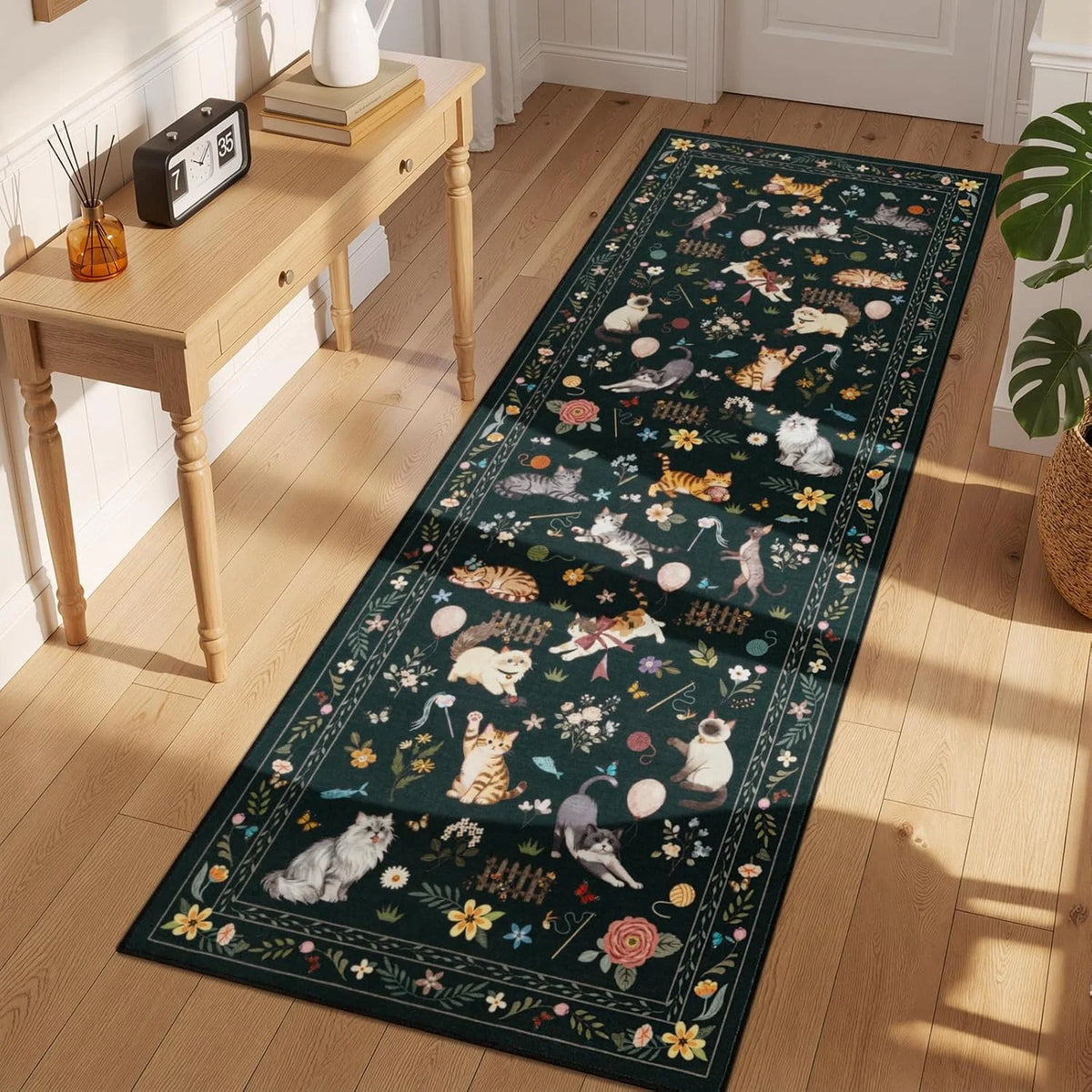 tapis bleu foncé chats fleurs motif naturel classique antidérapant sol extérieur 60cm 80cm 120cm